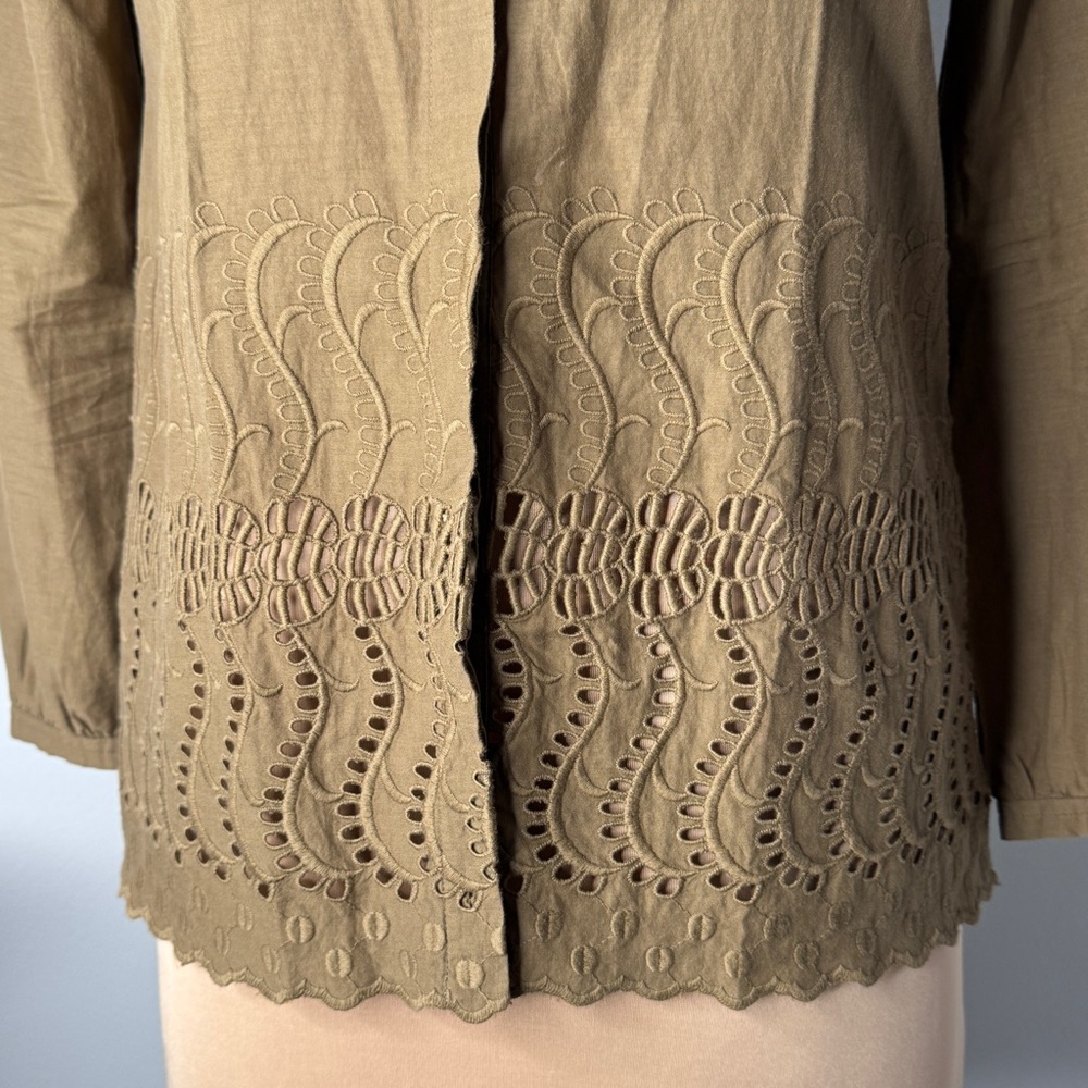 J.Crew Olive Green 100% Cotton Button-Up Women's Top Embroidery Lace Embroidered - Picture 3 of 11